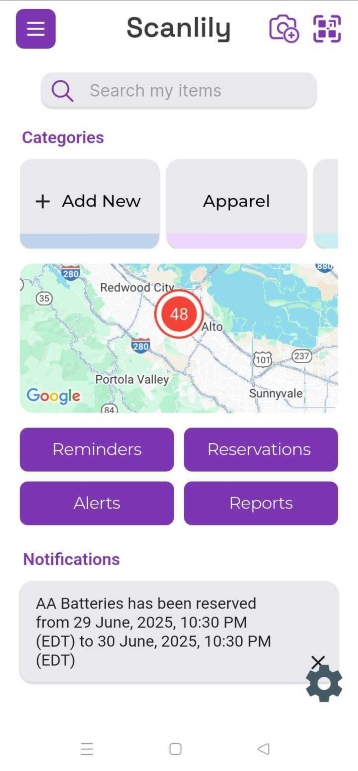 Image of the dashboard showing search bar, categories, map, buttons for reminders and bookings, and notifications